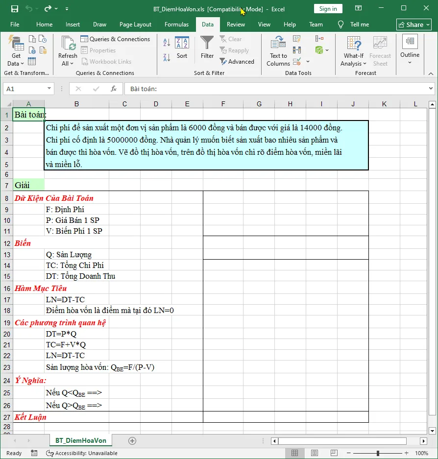 Phân tích Điểm hòa vốn (Break-Even Point) trong Excel