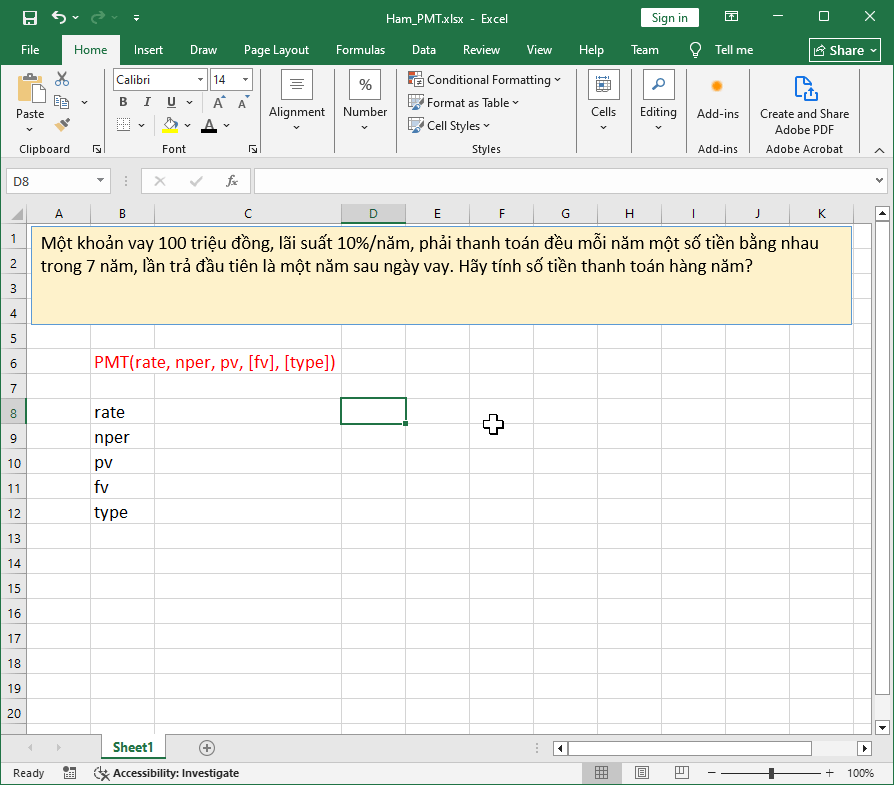 Tính khoản thanh toán định kỳ với hàm PMT trong Excel