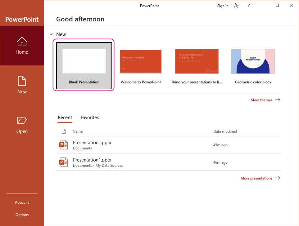 Tạo bài thuyết trình trống trong Microsoft PowerPoint
