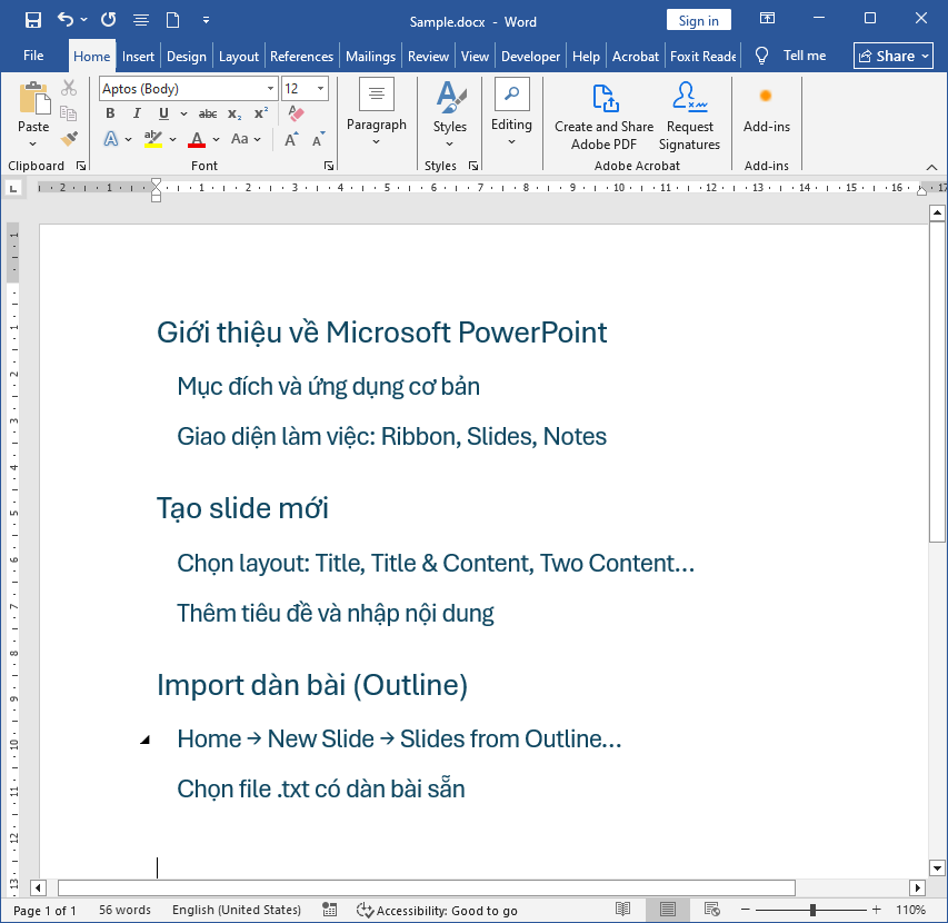 Tạo nhanh slide thuyết trình từ tập tin dàn bài (Outline)